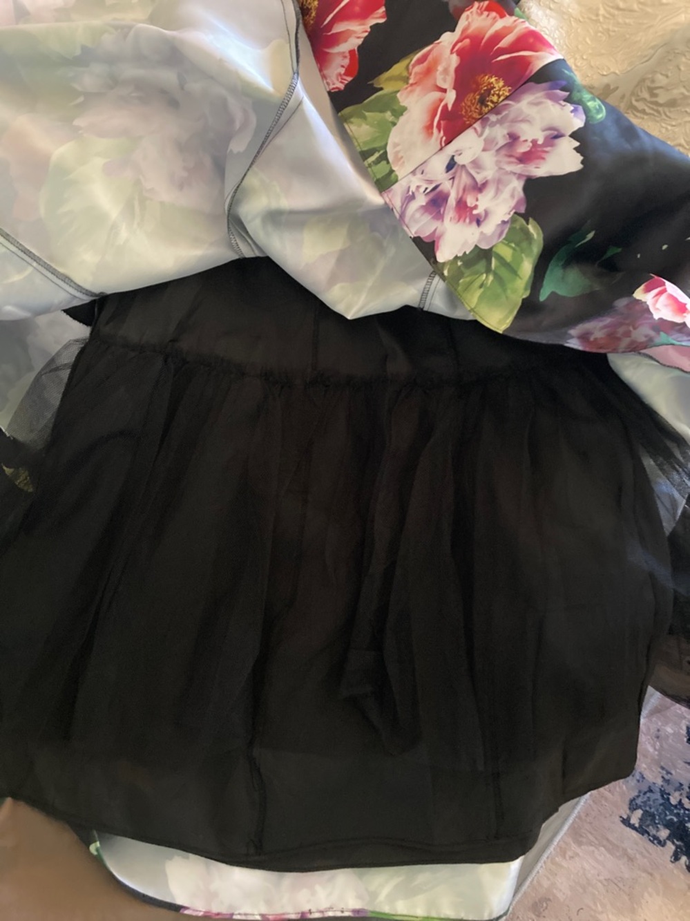 Adrianna Papell Black Satiny Floral Fit-n-Flare Dress with Crinoline Slip Sz 10 - Picture 5 of 9